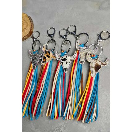 Philippine Gray Rhinestone Steer Head Colorful Tassel Key Ring