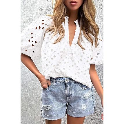 White Flower Embroidered Hollow-out Puff Sleeve Blouse