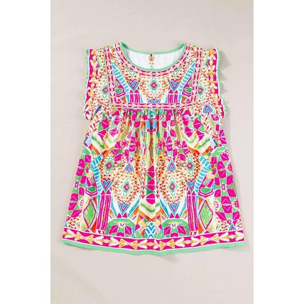 Orange Geometric Print Ruffled Trim Tank Top