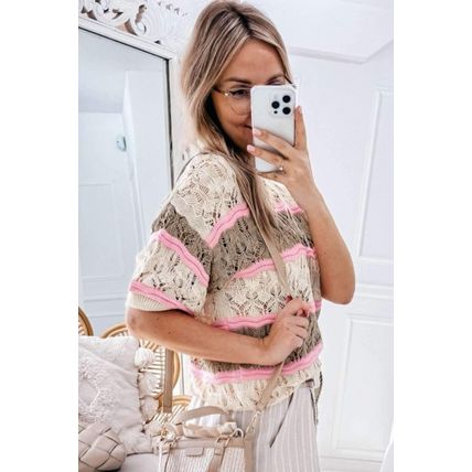 Brown Stripe Color Block Hollow Out Crochet Half Sleeve Sweater