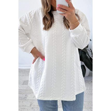 White Cable Textured Loose Plus Size Sweatshirt
