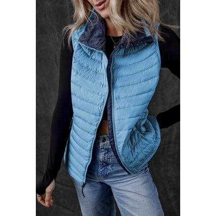 Sky Blue Plush Collared Quilted Zipped Puffer Vest