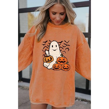Orange Halloween Ghost Pumpkin Bat Print Corded Pullover Sweatshirt