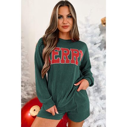 Evergreen Corded MERRY Graphic Long Sleeve Top and Shorts Set