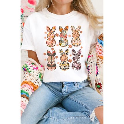 White Floral Bunny Graphic Crewneck Easter Fashion Tee