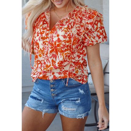 Orange Floral Print Ruffled Short Puff Sleeve Split Neck Blouse
