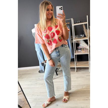 Pink Strawberry Fruit Pattern Graphic Tee