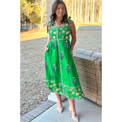 Green Floral Print Contrast Trim Knotted Straps Midi Dress