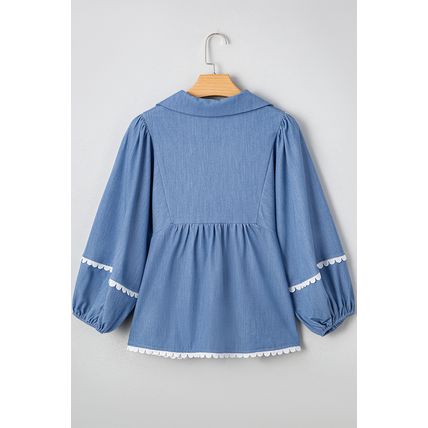 Dusk Blue Lace Ric Rac 3/4 Puff Sleeve Collared Babydoll Blouse