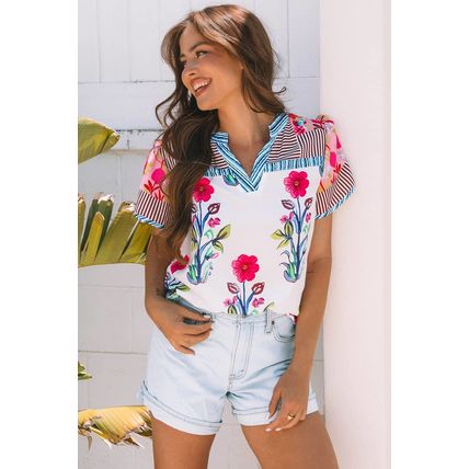 Pink Floral Striped Patchwork Short Sleeve Split Neck Blouse