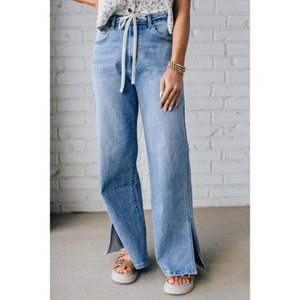 Myosotis Slit Leg High Rise Drawstring Casual Jeans