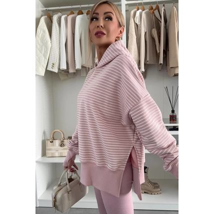 Purple Stripe Thumbhole Side Slits Drop Shoulder Loose Fit Hoodie