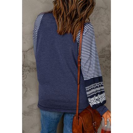 Navy Blue Contrast Print Striped Raglan Long Sleeve Loose Top