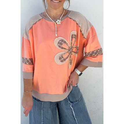 Grapefruit Orange Plaid Waffle Flower Patchwork Bracelet Sleeve Top