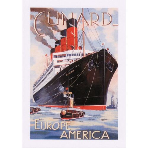 Maritime Poster Art Postcard Cunard Aquitania Europe America Ship Liner Tug