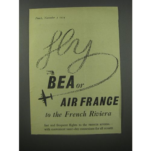 1954 BEA and Air France Ad - Fly BEA or Air France to the French Riviera