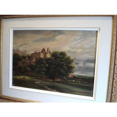 Antique Signed Canadian DROUIN Landscape Castle Large Oil Painting Frame Animals