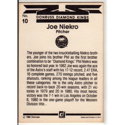 1983 Donruss baseball card 10 Joe Niekro Diamond Kings