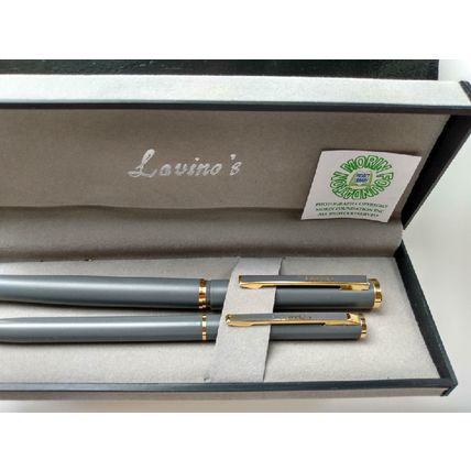 LAVINO'S GRAY AND GOLD PEN AND PENCIL SET IN GRAY FLOCKED BOX