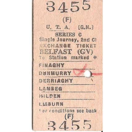U.T.A. Edmondson Exchange Ticket - Belfast Great Victoria Street to Dunmurry