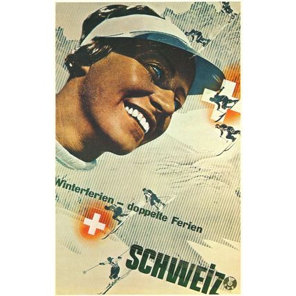 Schweiz Winterferien Doppelte Ferien 1934 Skiing Swiss Poster Postcard
