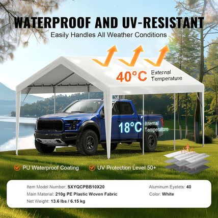 VEVOR Carport Replacement Canopy Cover 10 X 20 Ft, Garage Top Tent Shelter Tarp