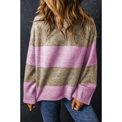 Rose Stripe Crew Neck Wide Sleeve Colorblock Sweater