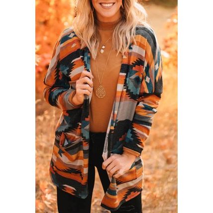 Orange Western Tribal Aztec Print Cardigan
