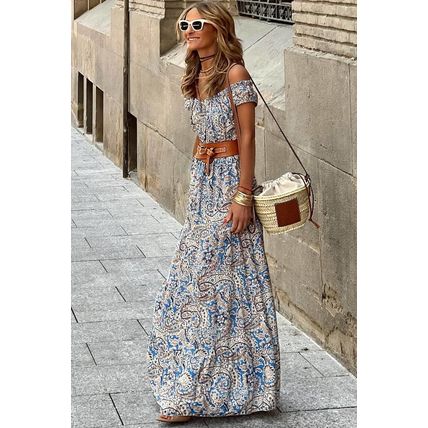 Blue Boho Paisley Print Off Shoulder Maxi Dress
