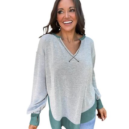 Laurel Green Exposed Seam Contrast Edge Notched Neck Sweatshirt