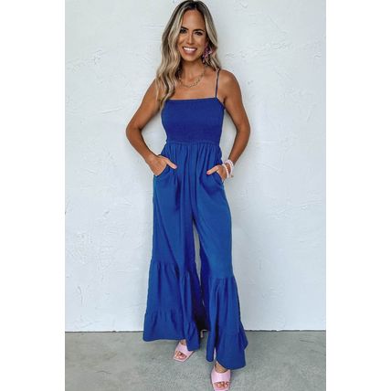 Navy Blue Spaghetti Straps Smocked Ruffled Wide Leg Jumpsuit