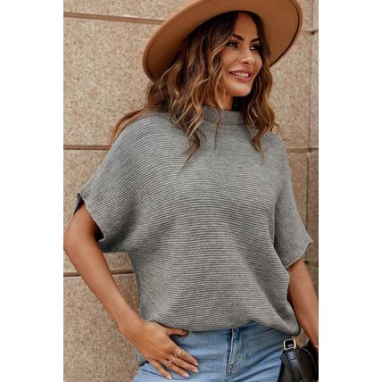 Medium Grey High Neck Short Bat Sleeve Sweater