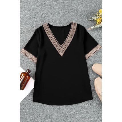 Black Lace Trim Short Sleeve V Neck Plus Size Top
