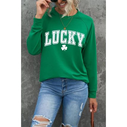 Green St. Patricks LUCKY Clover Print Raglan Sleeve Sweatshirt