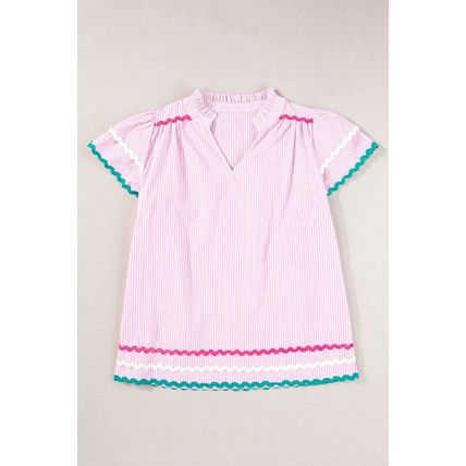 Pink Stripe Ricrac Trim Split Neck Striped Ruffled Sleeve Blouse