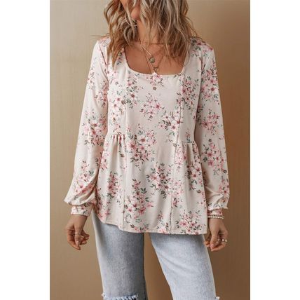 Pink Floral Print Pleated U Neck Loose Fit Blouse