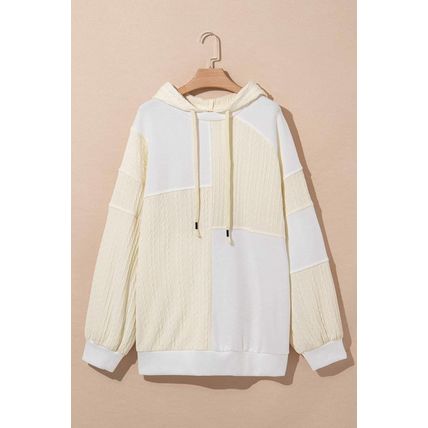 Beige Textured Patchwork Exposed Seam Plus Size Hoodie