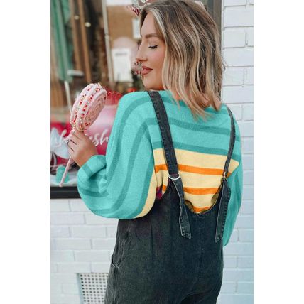 Yellow Stripe Gradient Striped Ribbed Edge Loose Sweater