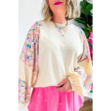Apricot Plus Size Floral Patchwork Ribbed Puff Sleeve Top