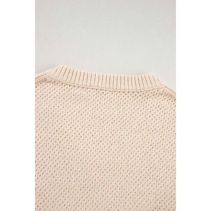 Parchment Loose Eyelet V Neck Drop Shoulder Sweater