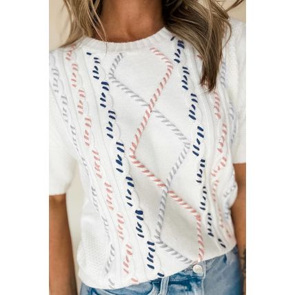 White Multicolor Stitch Detail Cable Knit Short Sleeve Sweater