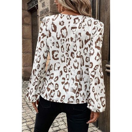 Khaki Leopard Print Split Neck Balloon Sleeve Blouse