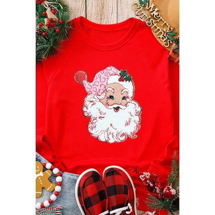 Red Santa Claus Graphic Crewneck Raglan Sleeve Christmas Sweatshirt