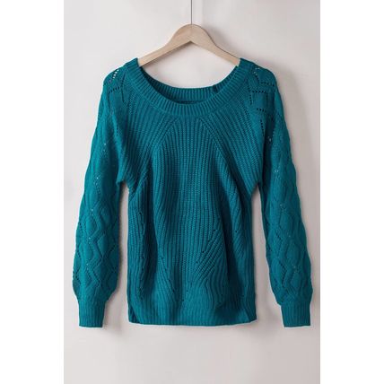 Blue-3 Hollow-out Puffy Sleeve Knit Sweater