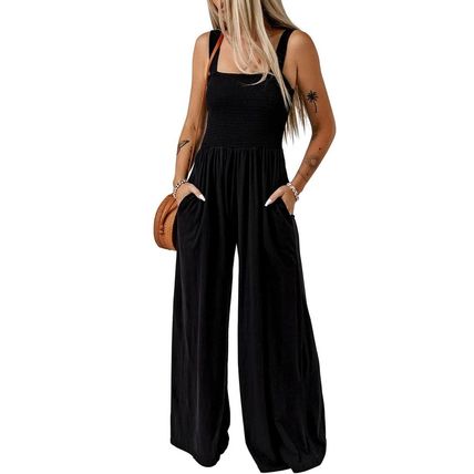 Black Smocked Sleeveless Wide Leg Jumpsuit with Pockets