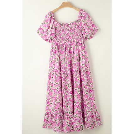 Pink Dainty Floral Smocked Puff Sleeve Flowy Long Dress