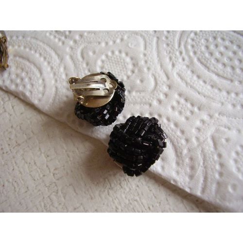 Vintage Earrings Black French Jet Seed Bead Woven Knot Turban Clip-on Retro Clip