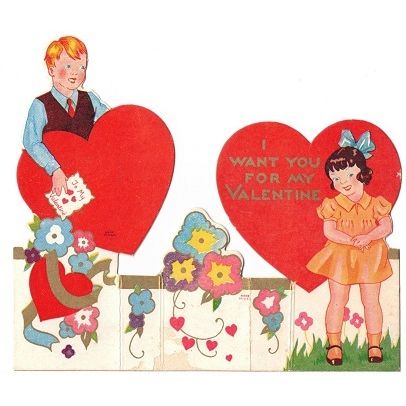 VINTAGE ' VALENTINE CARD ' YOUNG BOY and GIRL w / Hearts card 1930s