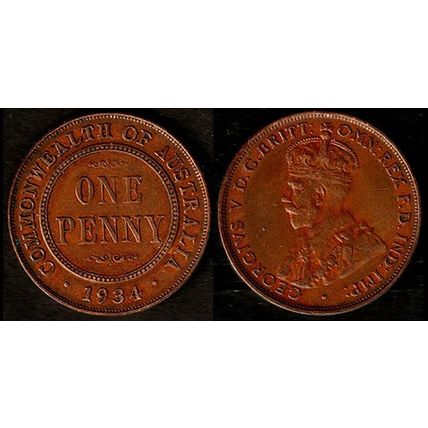 Australia One Penny 1934 Used Coin 1d Geo V