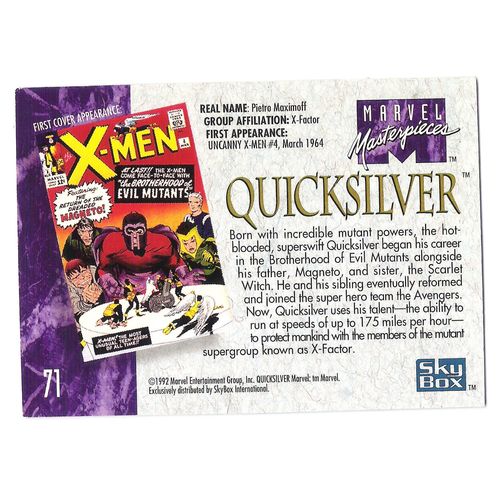 1992 Marvel Masterpieces Trading card #71 Quicksilver – Jusko art - X-Men